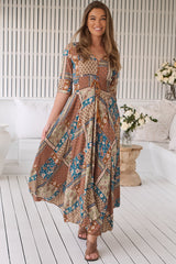 JAASE - Indiana Maxi Dress: Lace Back Shirred Waist A Line Dress with Handkerchief Hemline in Izabelle Print