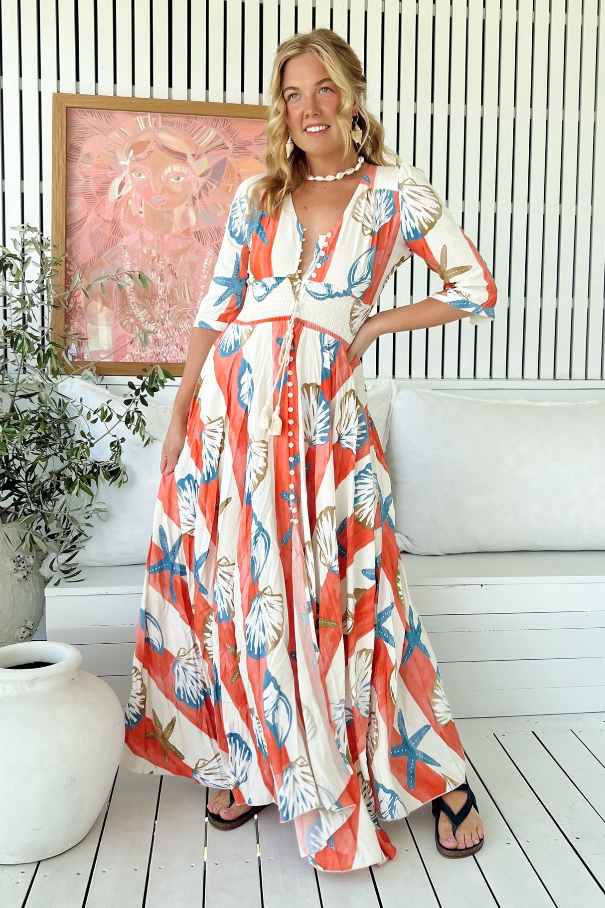 JAASE - Indiana Maxi Dress: Lace Back Shirred Waist A Line Dress with Handkercheif Hemline in Long Island Print