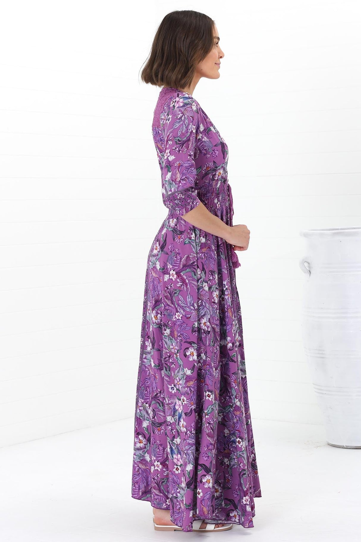 JAASE - Indiana Maxi Dress: Lace Back Shirred Waist A Line Dress with Handkercheif Hemline in Rhodium Print