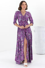 JAASE - Indiana Maxi Dress: Lace Back Shirred Waist A Line Dress with Handkercheif Hemline in Rhodium Print