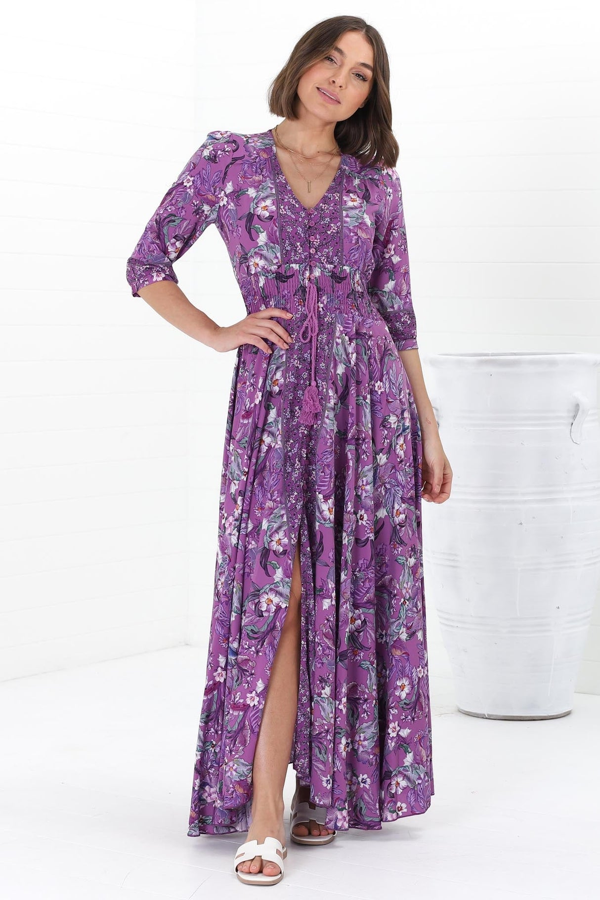 JAASE - Indiana Maxi Dress: Lace Back Shirred Waist A Line Dress with Handkercheif Hemline in Rhodium Print