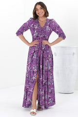 JAASE - Indiana Maxi Dress: Lace Back Shirred Waist A Line Dress with Handkercheif Hemline in Rhodium Print