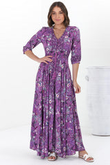 JAASE - Indiana Maxi Dress: Lace Back Shirred Waist A Line Dress with Handkercheif Hemline in Rhodium Print