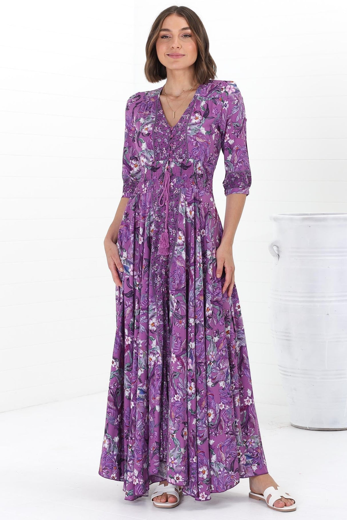 JAASE - Indiana Maxi Dress: Lace Back Shirred Waist A Line Dress with Handkercheif Hemline in Rhodium Print