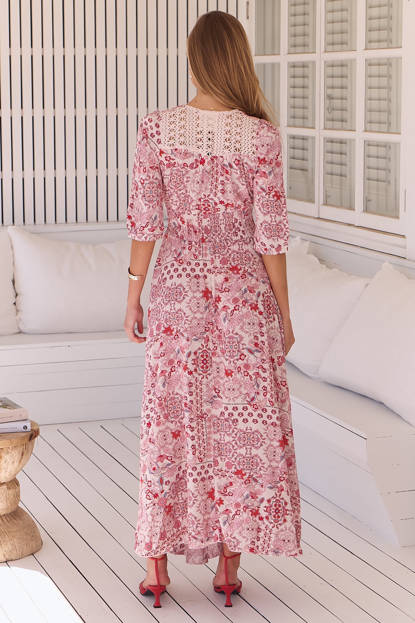 JAASE - Indiana Maxi Dress: Lace Back Shirred Waist A Line Dress with Handkercheif Hemline in Ruby Red Print