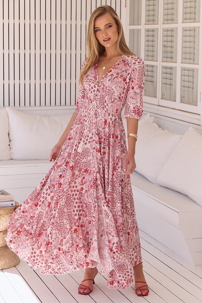 JAASE - Indiana Maxi Dress: Lace Back Shirred Waist A Line Dress with Handkercheif Hemline in Ruby Red Print