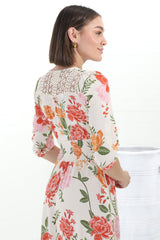 JAASE - Indiana Maxi Dress: Lace Back Shirred Waist A Line Dress with Handkerchief Hemline in Verbena Print