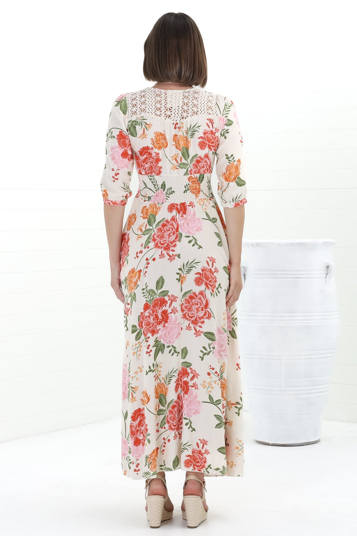 JAASE - Indiana Maxi Dress: Lace Back Shirred Waist A Line Dress with Handkerchief Hemline in Verbena Print