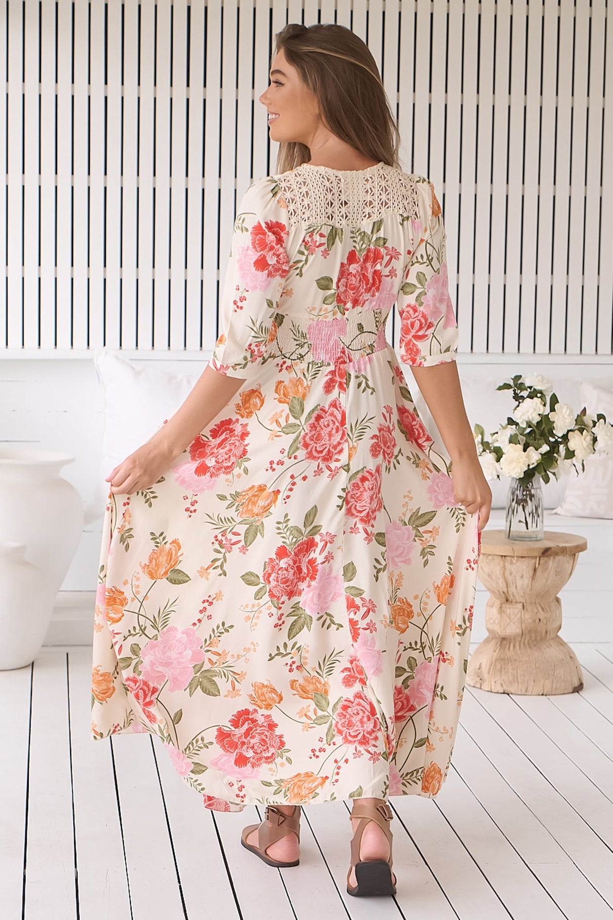 Indiana Maxi Dress - Lace Back Shirred Waist A Line Dress with Handkerchief Hemline in Verbena Print