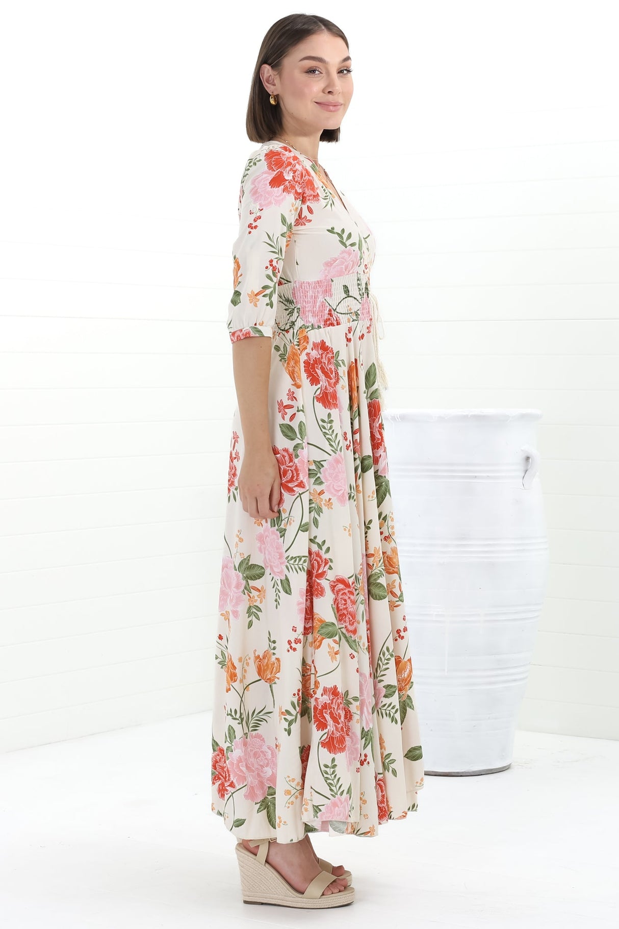 JAASE - Indiana Maxi Dress: Lace Back Shirred Waist A Line Dress with Handkercheif Hemline in Verbena Print