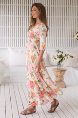 JAASE - Indiana Maxi Dress: Lace Back Shirred Waist A Line Dress with Handkerchief Hemline in Verbena Print