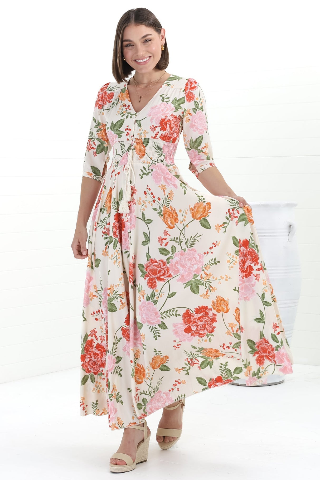 JAASE - Indiana Maxi Dress: Lace Back Shirred Waist A Line Dress with Handkerchief Hemline in Verbena Print