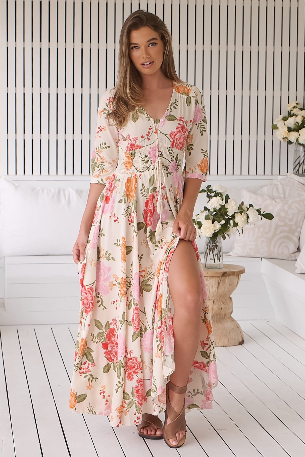 JAASE - Indiana Maxi Dress: Lace Back Shirred Waist A Line Dress with Handkerchief Hemline in Verbena Print