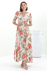 JAASE - Indiana Maxi Dress: Lace Back Shirred Waist A Line Dress with Handkerchief Hemline in Verbena Print