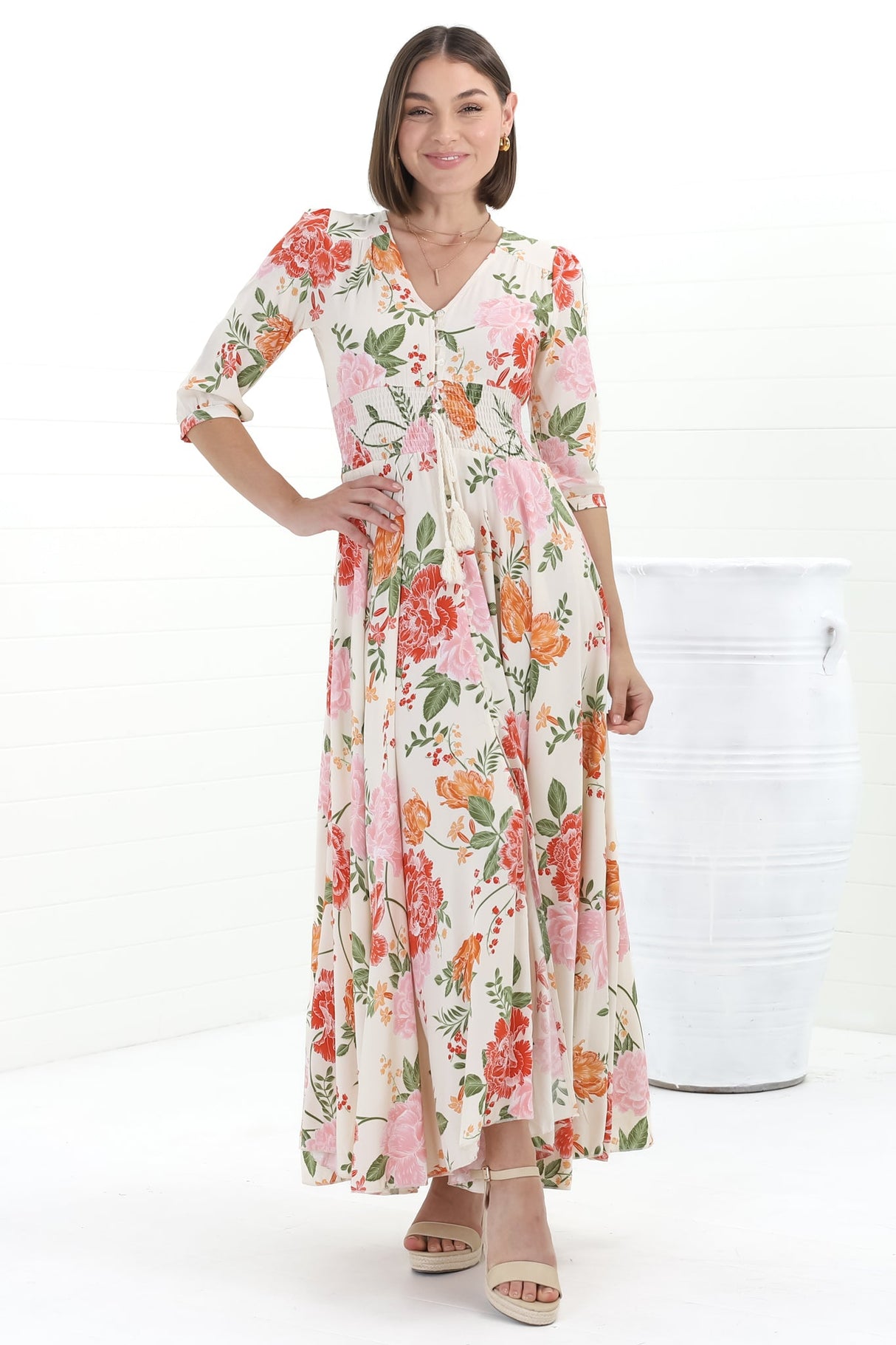 JAASE - Indiana Maxi Dress: Lace Back Shirred Waist A Line Dress with Handkerchief Hemline in Verbena Print