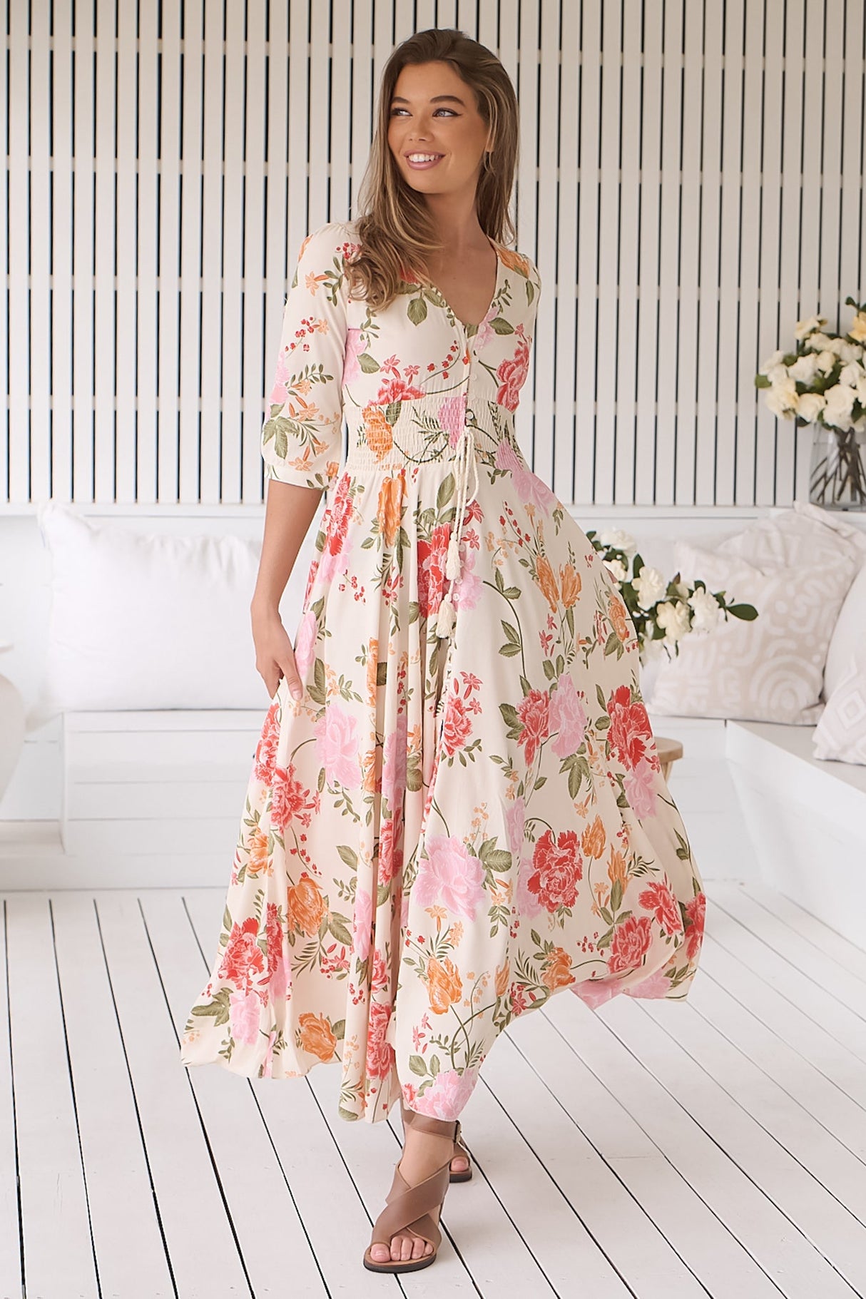 JAASE - Indiana Maxi Dress: Lace Back Shirred Waist A Line Dress with Handkerchief Hemline in Verbena Print