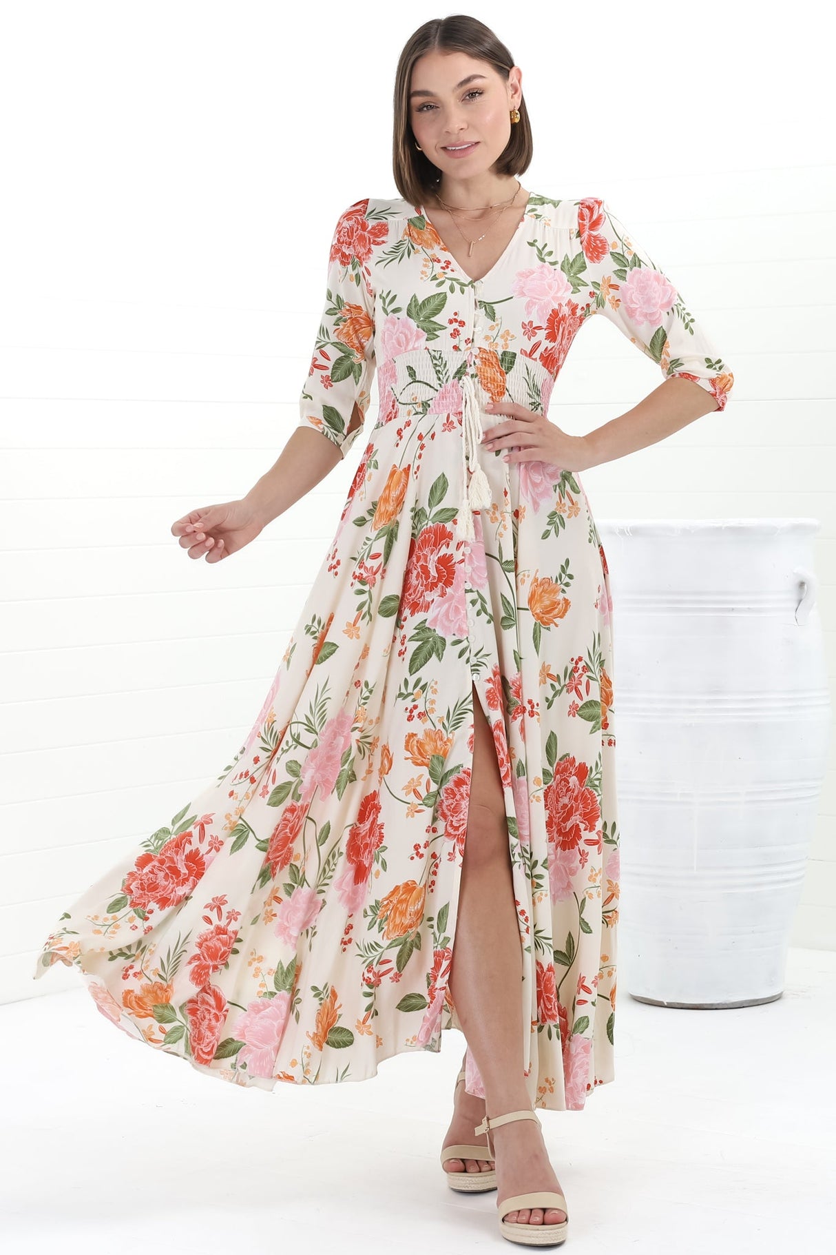 JAASE - Indiana Maxi Dress: Lace Back Shirred Waist A Line Dress with Handkerchief Hemline in Verbena Print