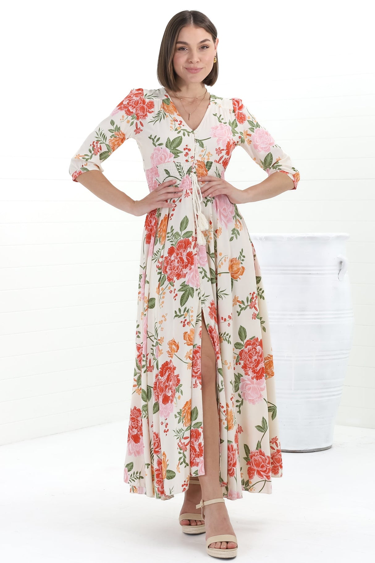 JAASE - Indiana Maxi Dress: Lace Back Shirred Waist A Line Dress with Handkercheif Hemline in Verbena Print