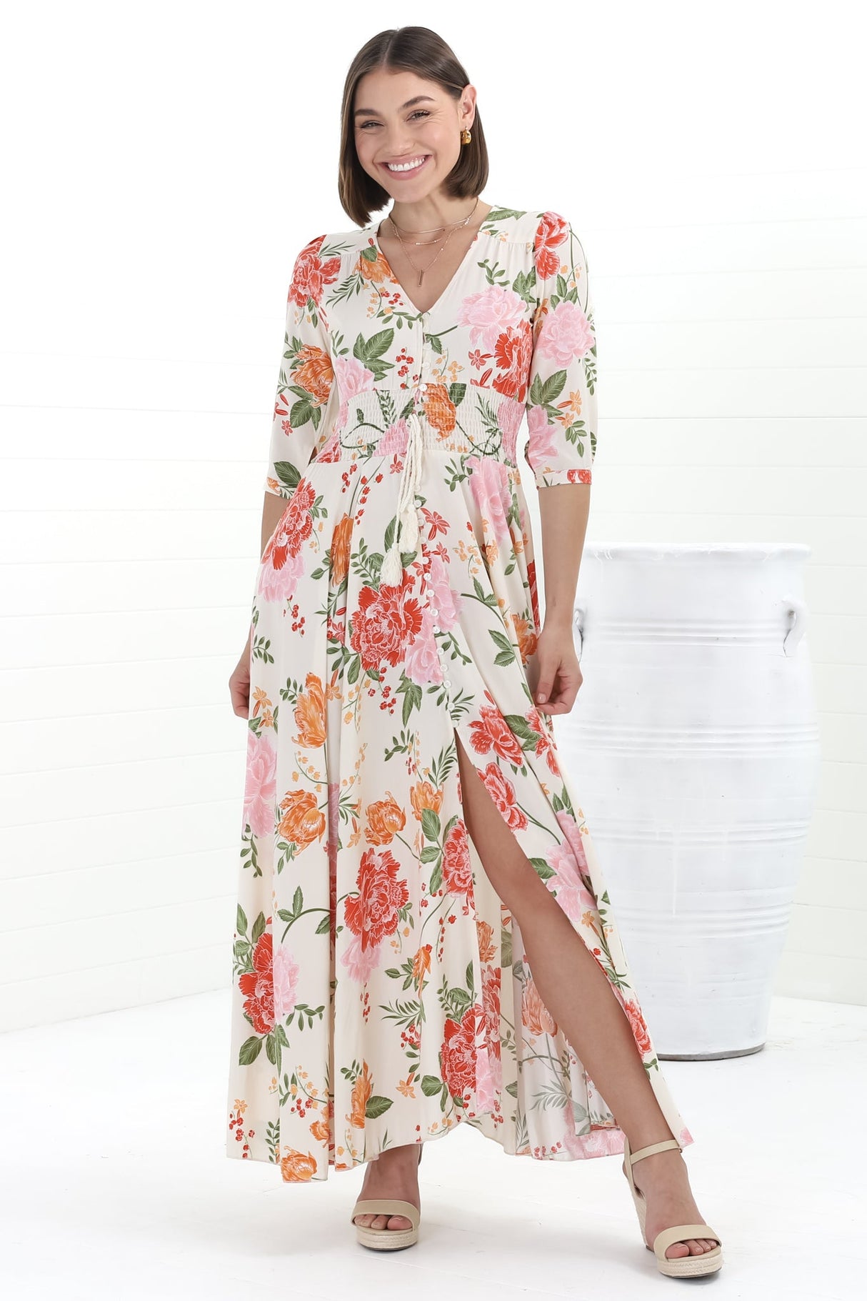 JAASE - Indiana Maxi Dress: Lace Back Shirred Waist A Line Dress with Handkercheif Hemline in Verbena Print