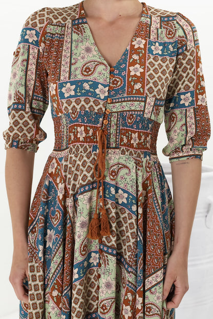 JAASE - Indiana Maxi Dress: Lace Back Shirred Waist A Line Dress with Handkercheif Hemline in Izabelle Print