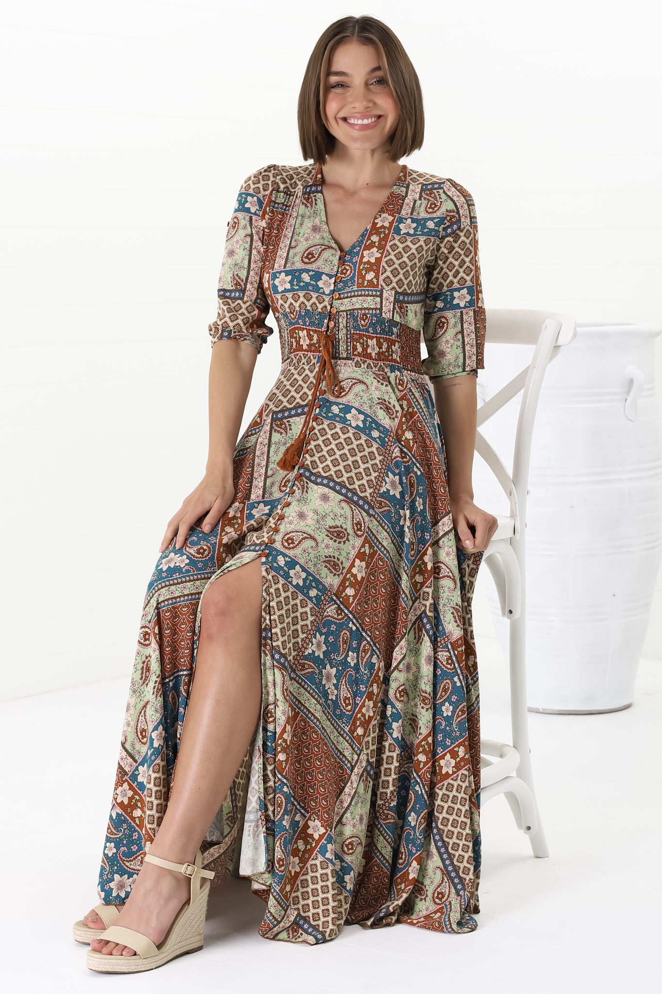 JAASE - Indiana Maxi Dress: Lace Back Shirred Waist A Line Dress with Handkercheif Hemline in Izabelle Print