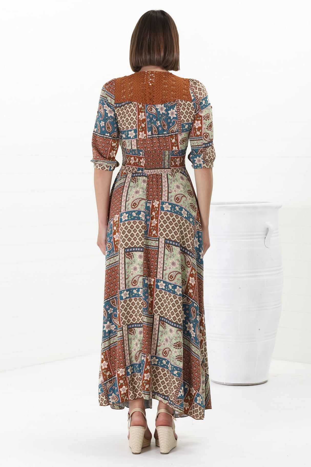 JAASE - Indiana Maxi Dress: Lace Back Shirred Waist A Line Dress with Handkercheif Hemline in Izabelle Print