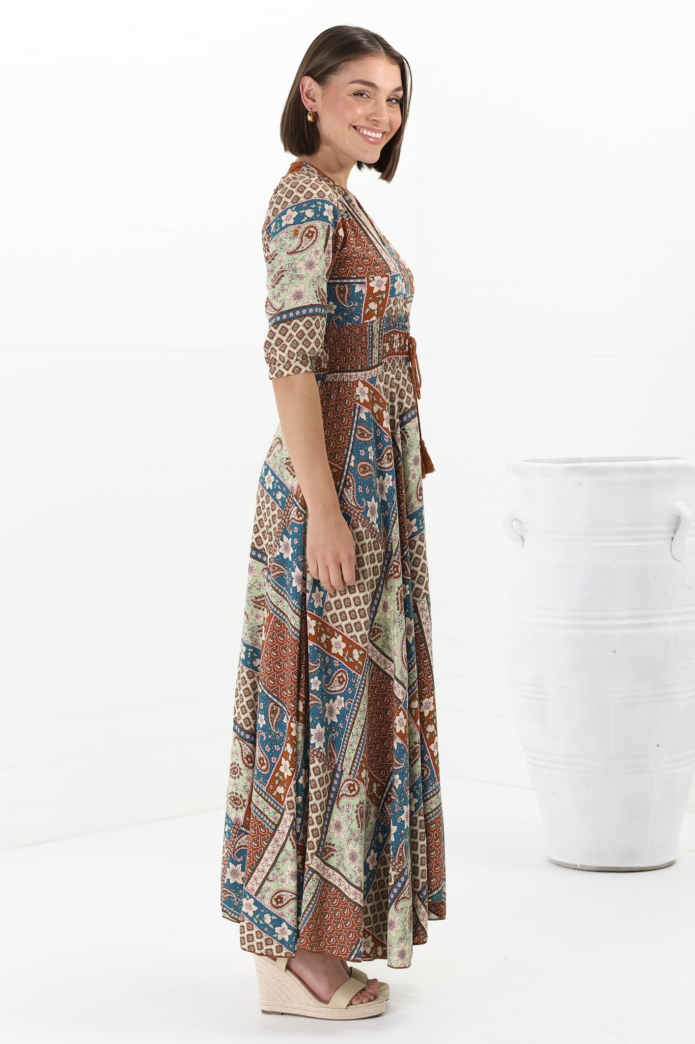 JAASE - Indiana Maxi Dress: Lace Back Shirred Waist A Line Dress with Handkercheif Hemline in Izabelle Print