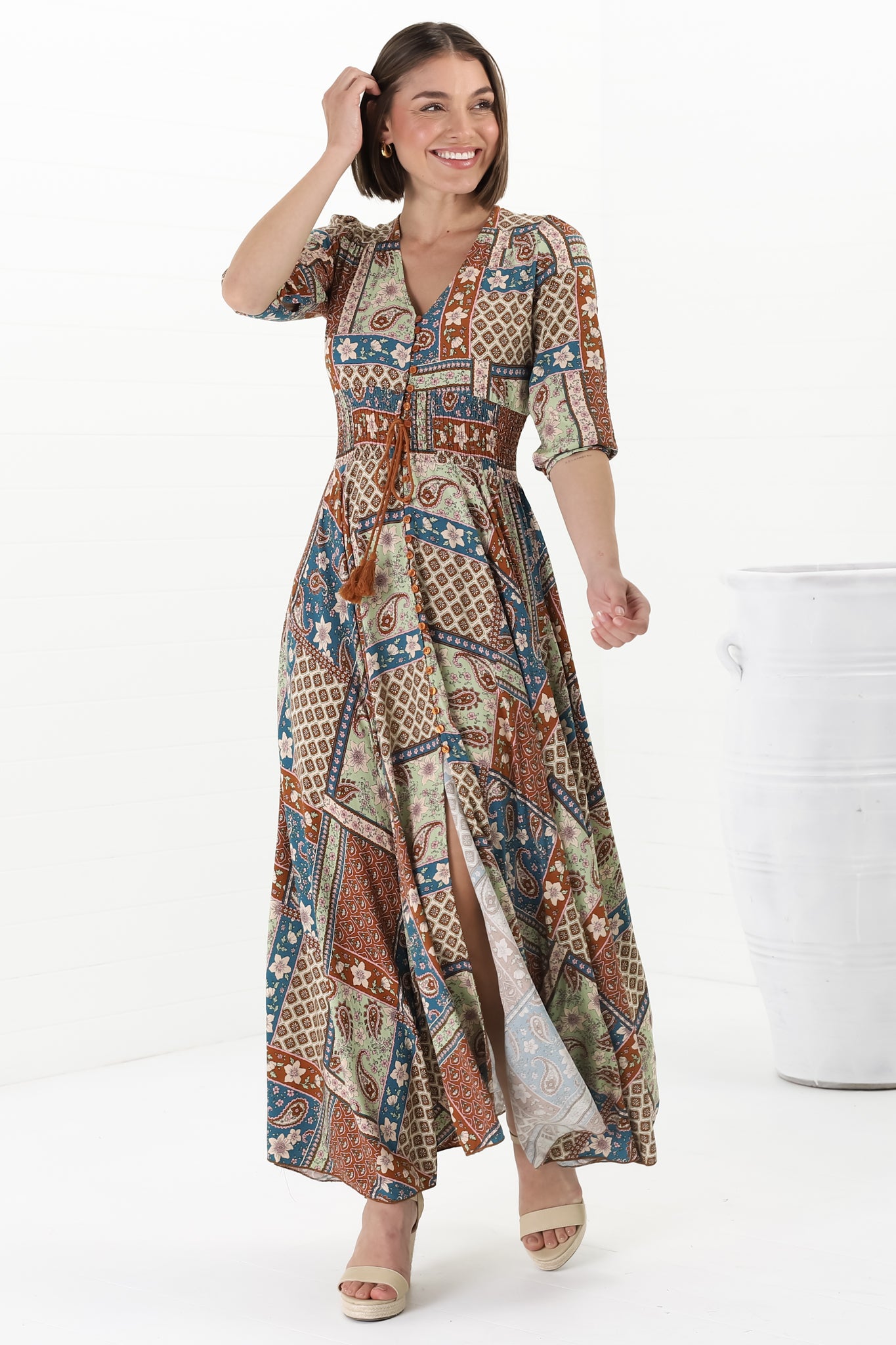 JAASE - Indiana Maxi Dress: Lace Back Shirred Waist A Line Dress with Handkercheif Hemline in Izabelle Print