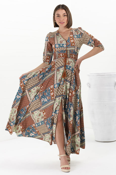 JAASE - Indiana Maxi Dress: Lace Back Shirred Waist A Line Dress with Handkercheif Hemline in Izabelle Print