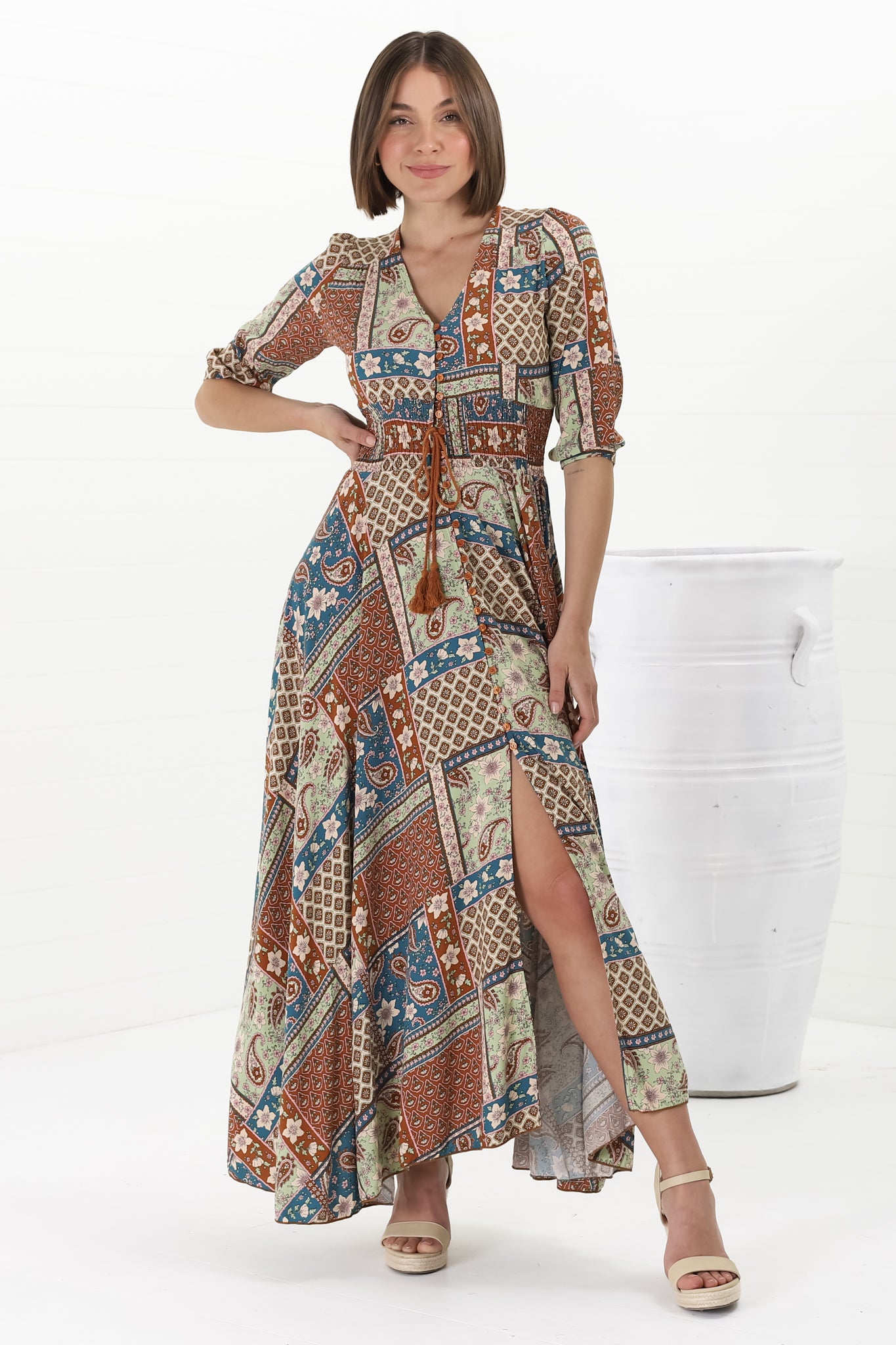 JAASE - Indiana Maxi Dress: Lace Back Shirred Waist A Line Dress with Handkercheif Hemline in Izabelle Print