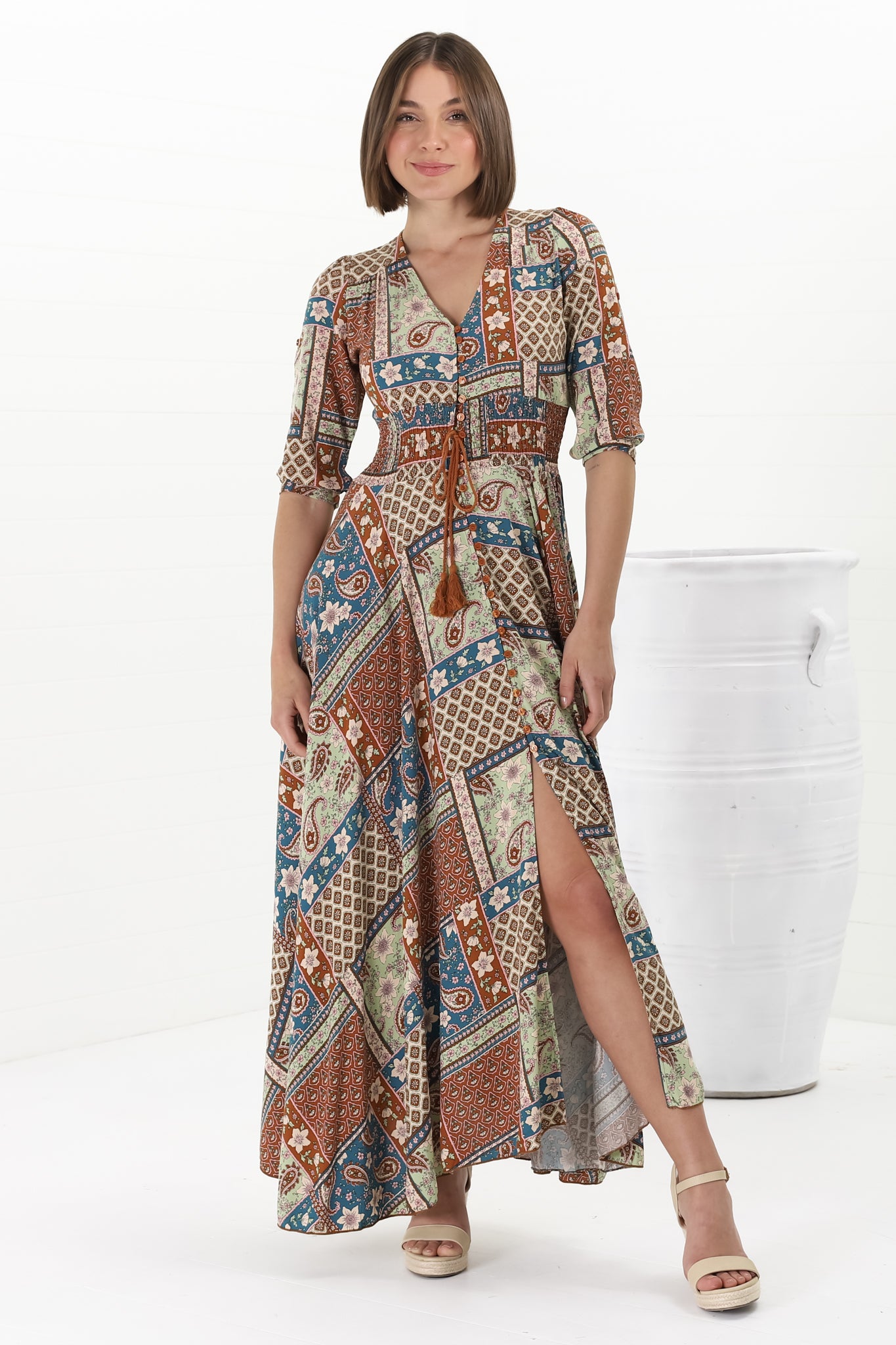 JAASE - Indiana Maxi Dress: Lace Back Shirred Waist A Line Dress with Handkercheif Hemline in Izabelle Print