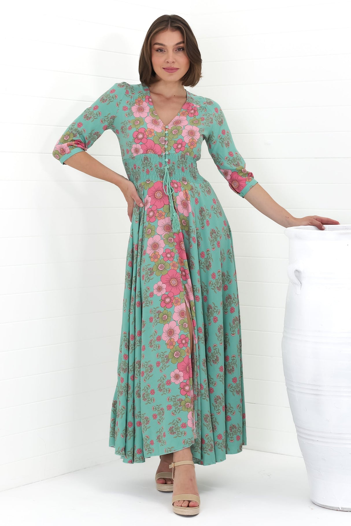 JAASE - Indiana Maxi Dress: Lace Back Shirred Waist A Line Dress with Handkercheif Hemline in Meadowland Print