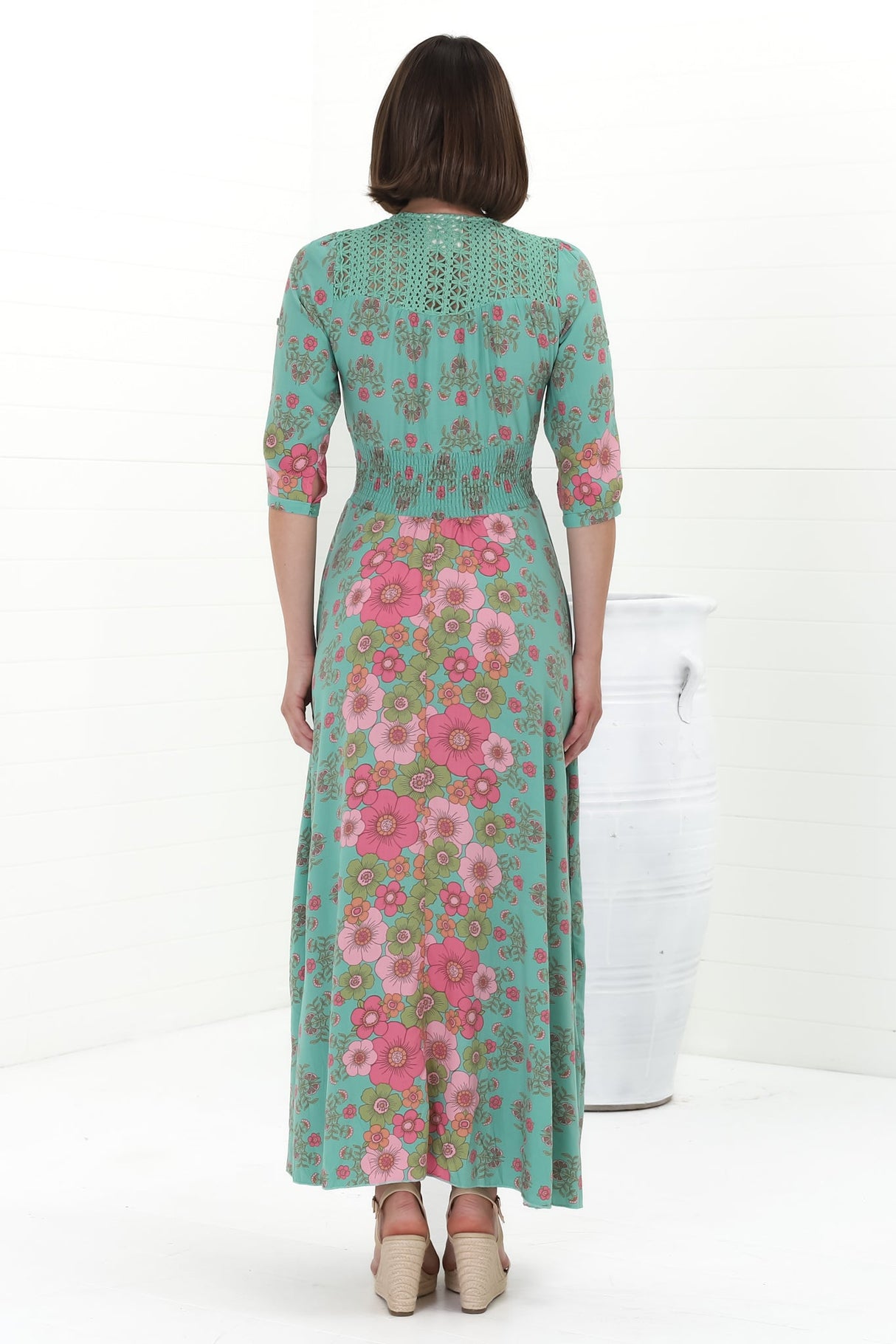 JAASE - Indiana Maxi Dress: Lace Back Shirred Waist A Line Dress with Handkerchief Hemline in Meadowland Print