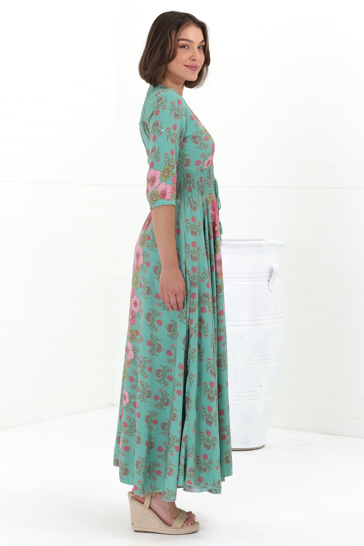 JAASE - Indiana Maxi Dress: Lace Back Shirred Waist A Line Dress with Handkerchief Hemline in Meadowland Print