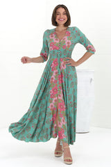 JAASE - Indiana Maxi Dress: Lace Back Shirred Waist A Line Dress with Handkerchief Hemline in Meadowland Print