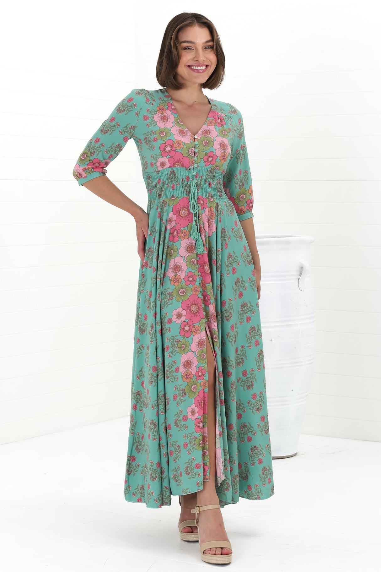 JAASE - Indiana Maxi Dress: Lace Back Shirred Waist A Line Dress with Handkerchief Hemline in Meadowland Print