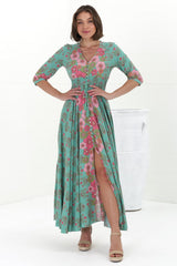 JAASE - Indiana Maxi Dress: Lace Back Shirred Waist A Line Dress with Handkerchief Hemline in Meadowland Print