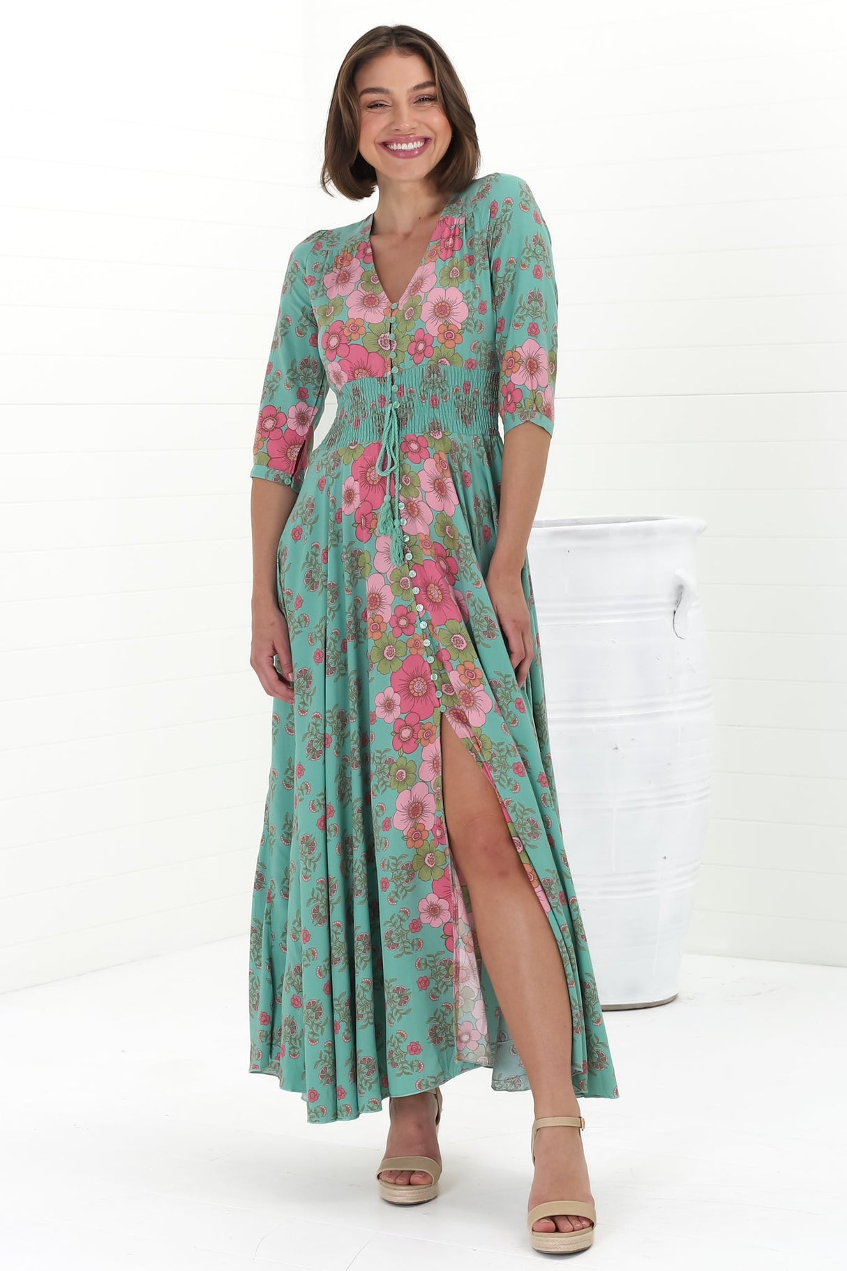 JAASE - Indiana Maxi Dress: Lace Back Shirred Waist A Line Dress with Handkerchief Hemline in Meadowland Print