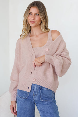Model wearing Indie Cardigan in Blush from Salty Crush