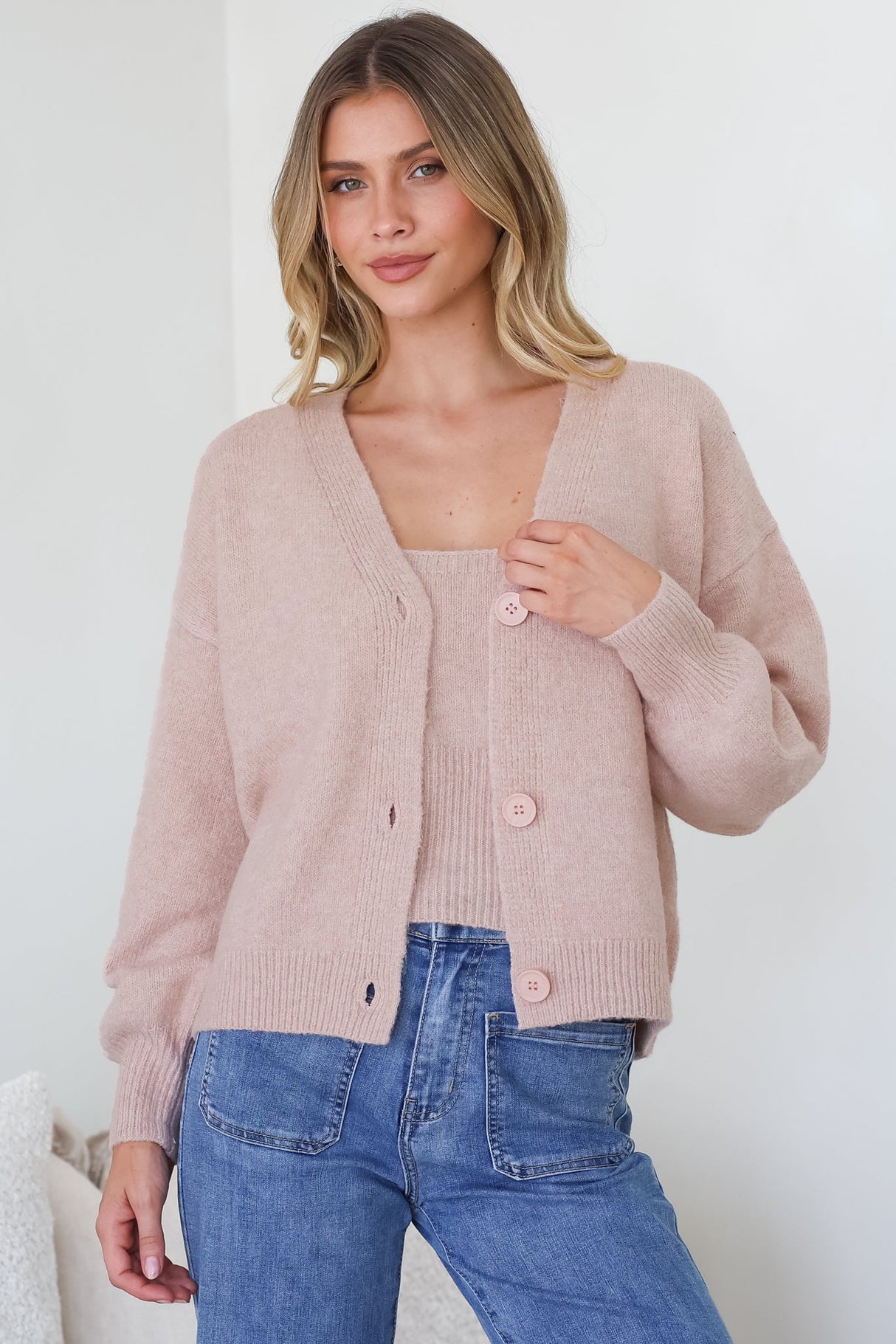 Indie Cardigan Set - Knit Top and Button Down Cardigan Set in Blush