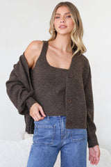 Model wearing Indie Cardigan Set in Chocolate from Salty Crush