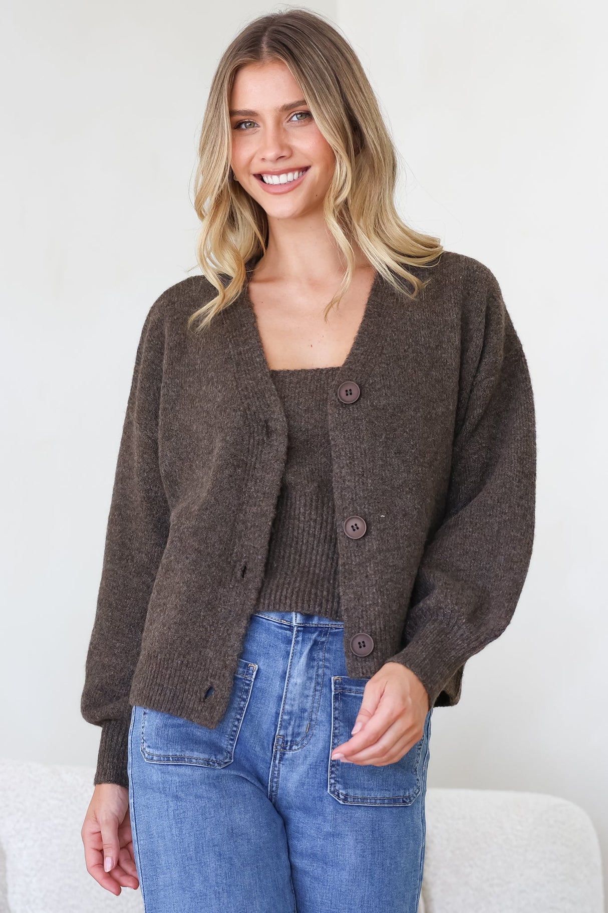 Indie Cardigan Set - Knit Top and Button Down Cardigan Set in Chocolate