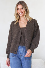 Indie Cardigan Set - Knit Top and Button Down Cardigan Set in Chocolate