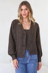 Indie Cardigan Set - Knit Top and Button Down Cardigan Set in Chocolate