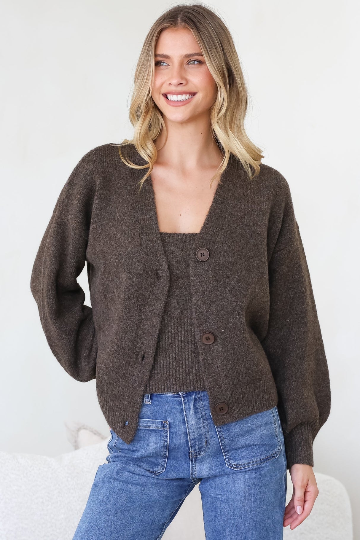 Indie Cardigan Set - Knit Top and Button Down Cardigan Set in Chocolate