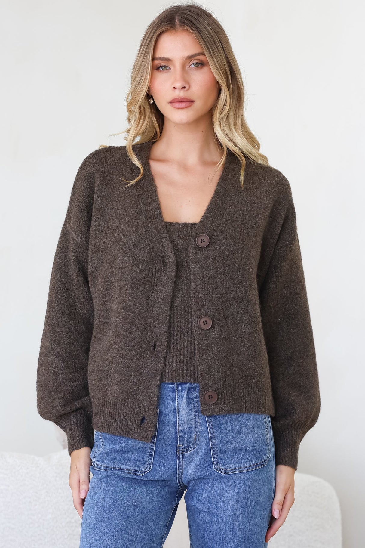 Indie Cardigan Set - Knit Top and Button Down Cardigan Set in Chocolate