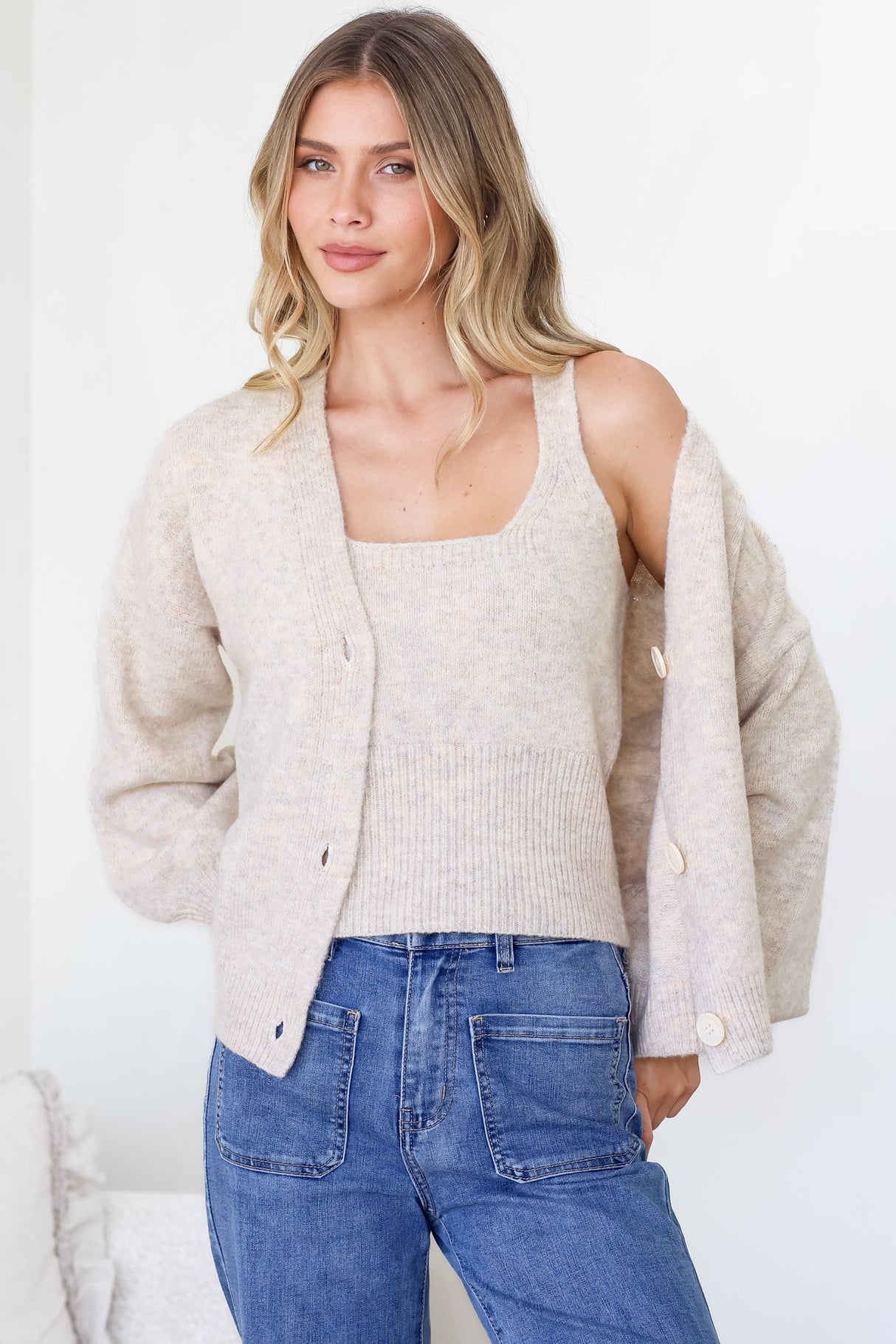 Indie Cardigan Set - Knit Top and Button Down Cardigan Set in Oatmeal