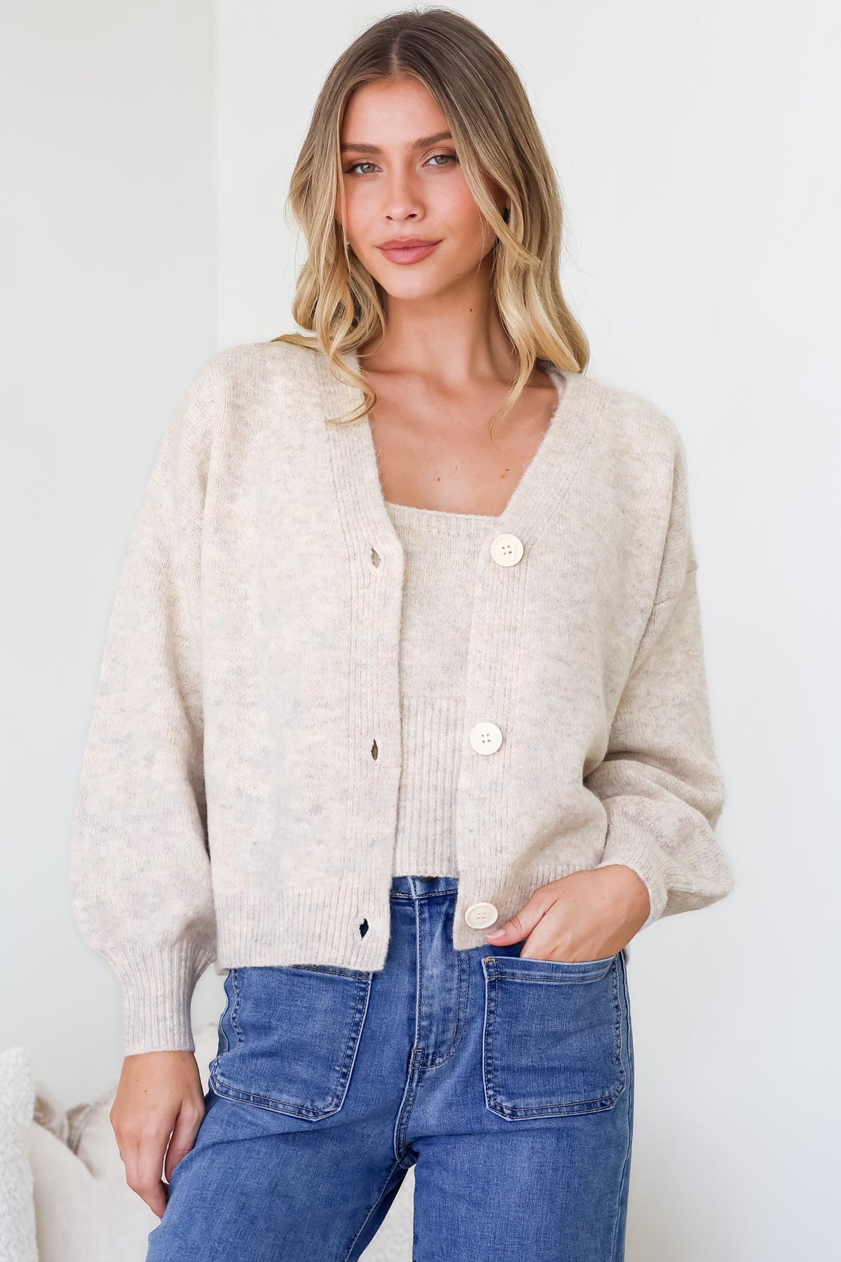 Indie Cardigan Set - Knit Top and Button Down Cardigan Set in Oatmeal