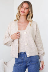 Model wearing Indie Cardigan Set in Oatmeal from Salty Crush
