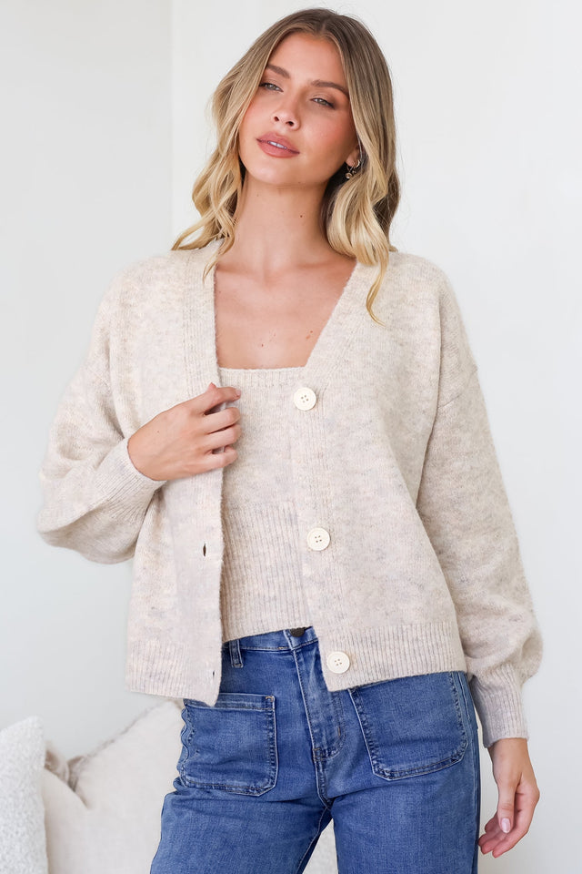 Model wearing Indie Cardigan Set in Oatmeal from Salty Crush